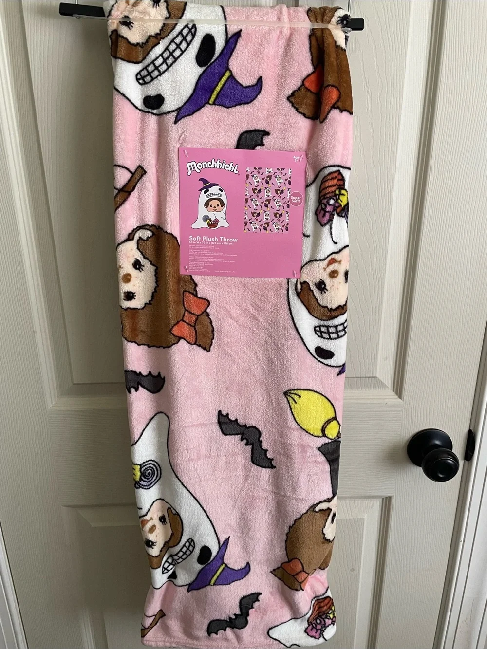Monchhichi Halloween Pink Soft Plush Throw Blanket Ghost Witch Hat New